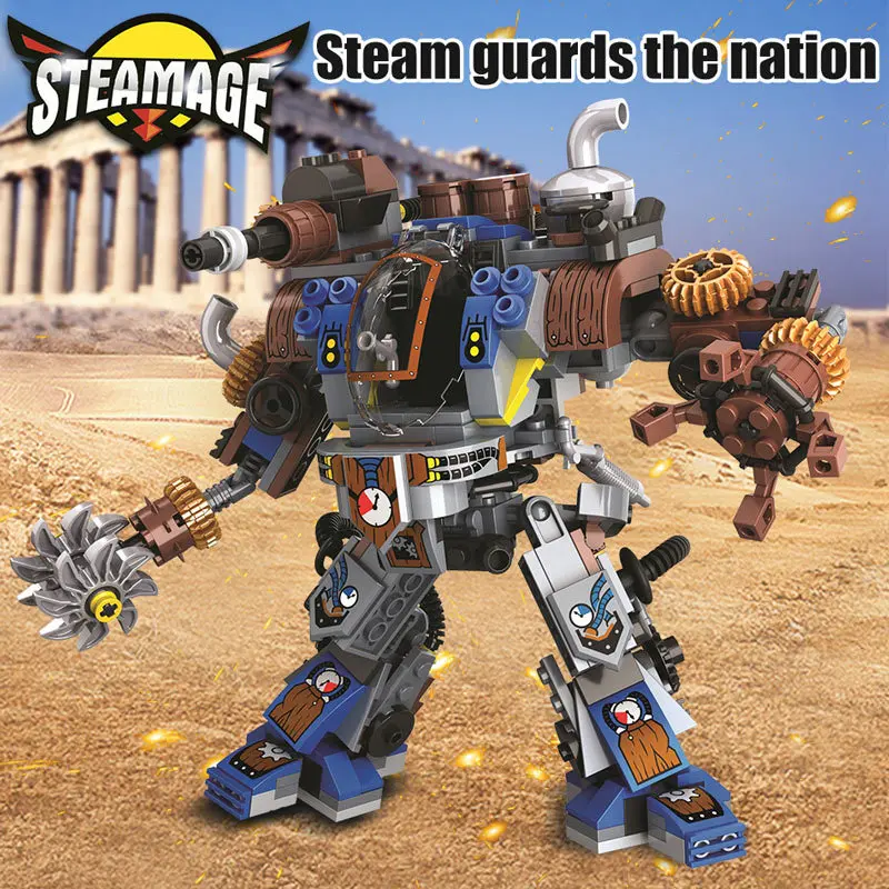 Age of Steam City Steampunk Stylized Train Shark Style Airplane & Warrior Guards of Nation Figure Building Block Toys for Kids