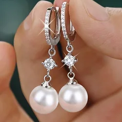 Fashion White Imitation Pearl Dangle Earrings Dazzling CZ Women Engagement Wedding 925 Silver Needle Accessories Fashion Earring