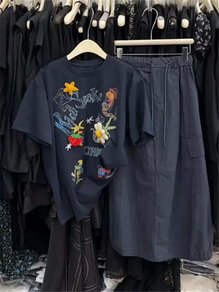 

plus Size Korean Style Short Sleeve T-Shirt Skirt Set Women Casual Fashion Print High Waist A-Line Skirt Comfortable Polyester