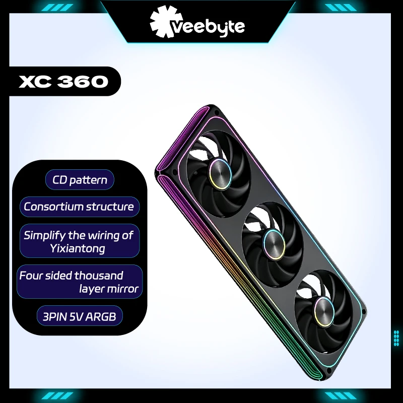 VEEBYTE XC-360 Continuous exhaust fan PC Fan ARGB 360mm Quiet Cooling 12V Large Air Volume Compute Case Fans ventilador