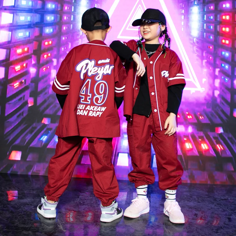 Ropa de baile de Hip Hop para niños y niñas, traje de Jazz, pantalones de abrigo rojo, traje de Hip Hop Kpop, traje de actuación de baile callejero BL9316