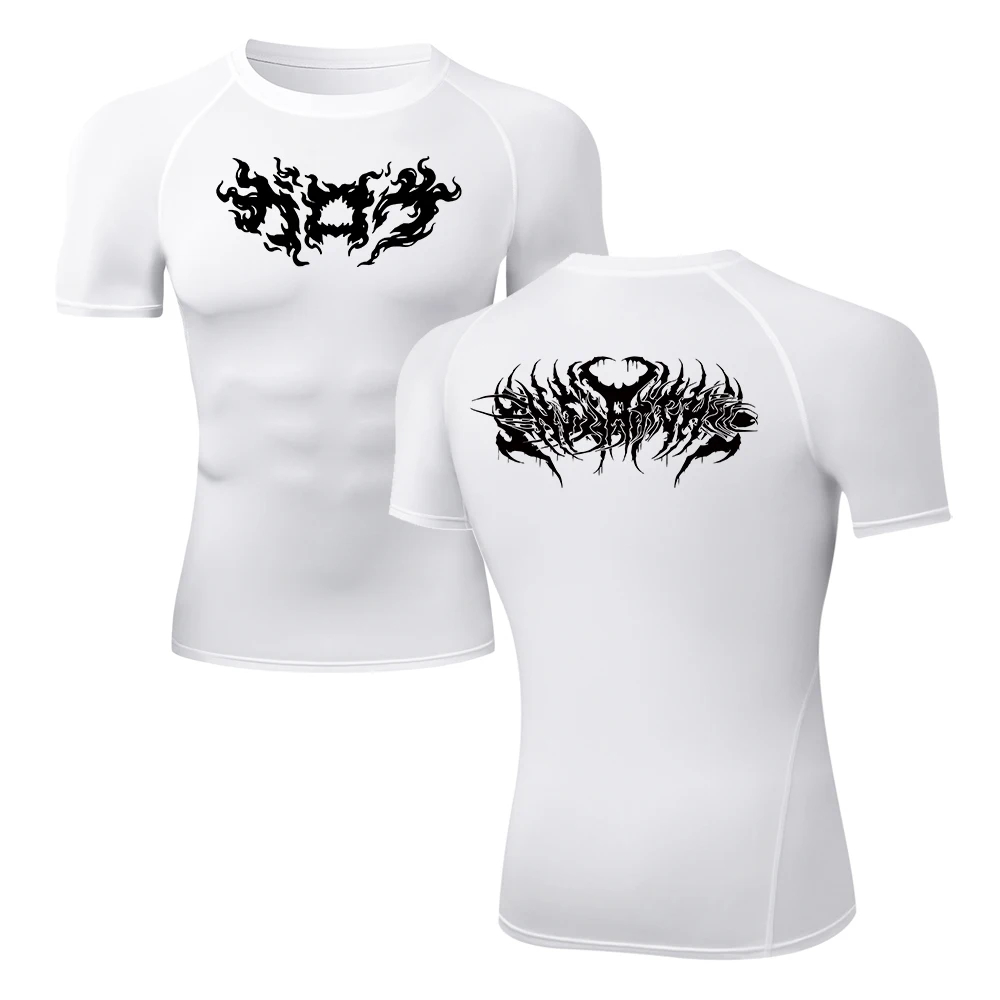 Summer Men's Compression Sports Training T-Shirt Quick Dry Gym Running Workout Short Sleeve Top Gothic Flame Thorn Letter Print view 2