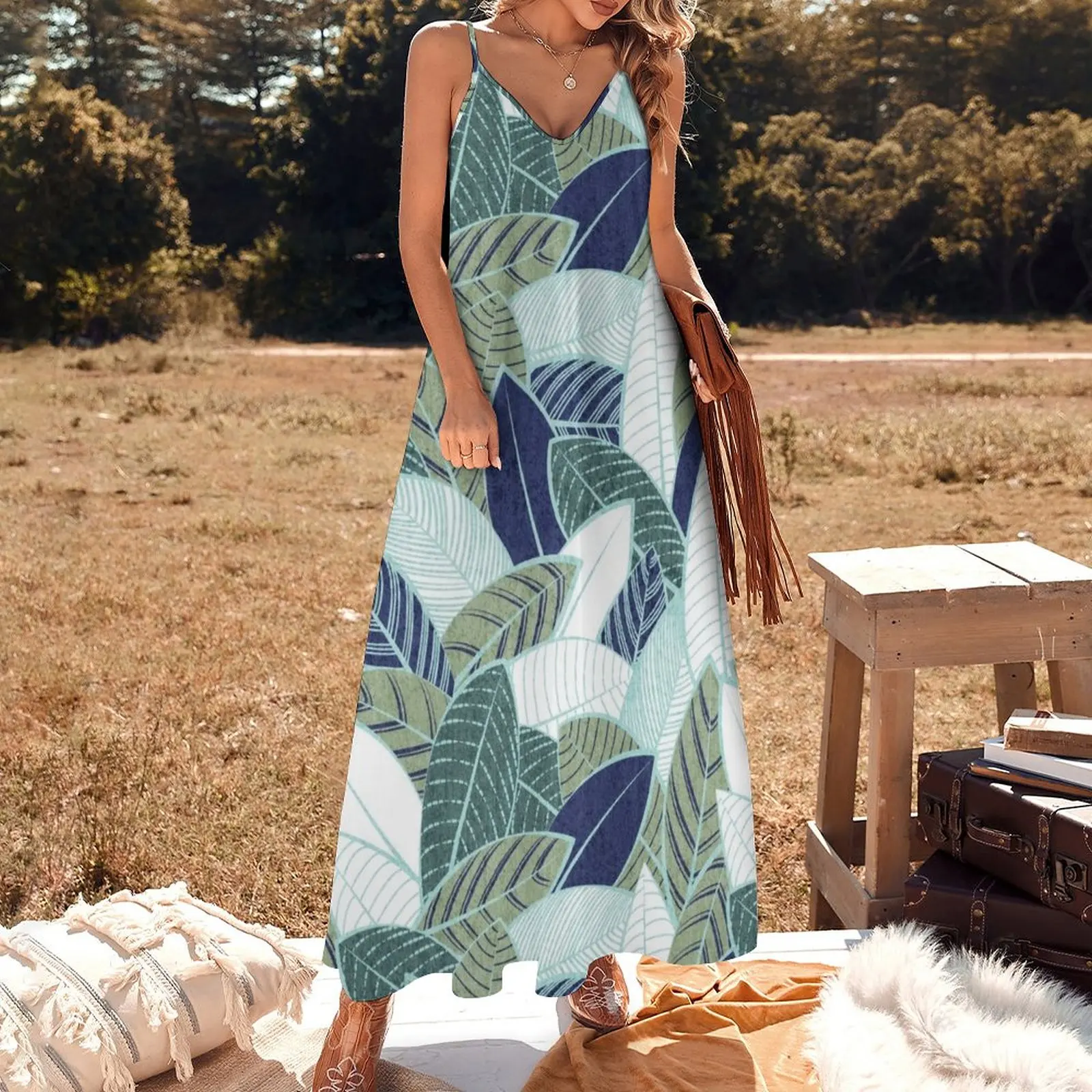 Leaf wall // navy blue pine and sage green leaves mint lines Sleeveless Dress summer dress for women 2023 dresses for woman 2023