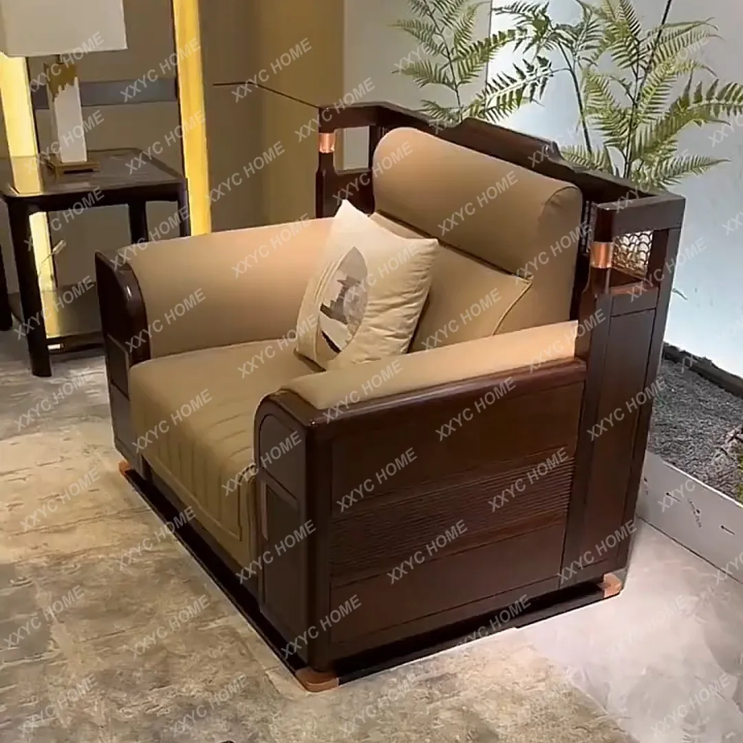 

New chinoiserie black gold wood genuine leather sofa combination house living room large and small apartment modern light luxury