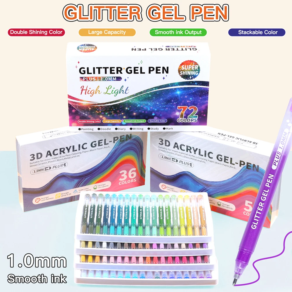 

24/36/54/72colors Glitter Gel Pens High Light Painting Ballpoint Pen Set 1.0mm Student Drawing Office School Supplies Stationery