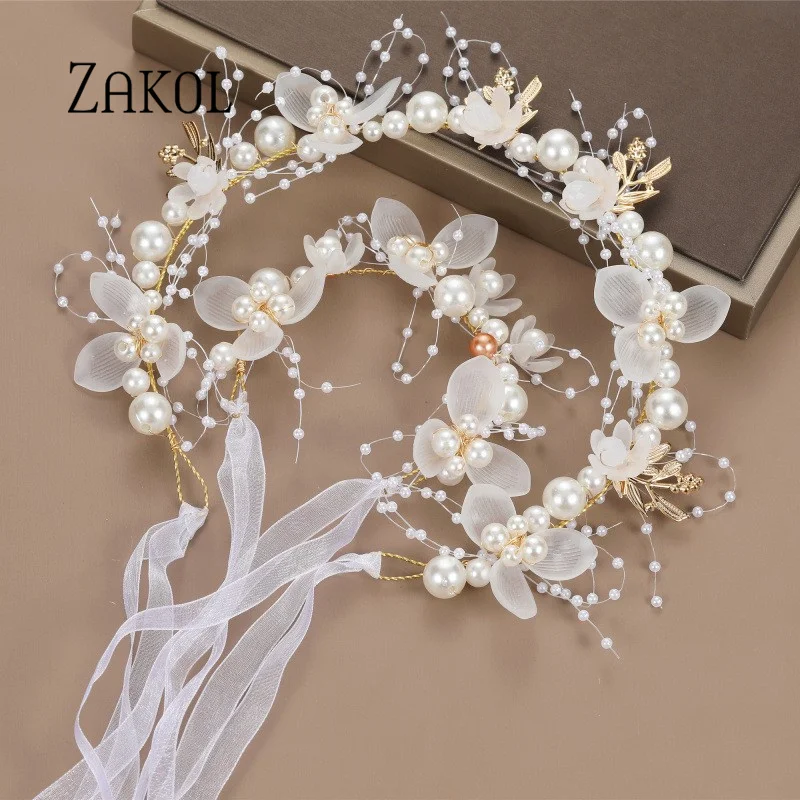 ZAKOL Fashion Blue Inlaid Pearl Flower Hair Ring For Women Children Princess Wedding Head Flower Fairy Hairpin Hair Jewelry