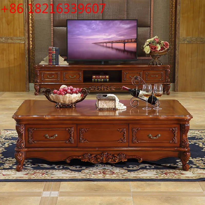 

European marble all solid wood coffee table combination French carved living room furniture