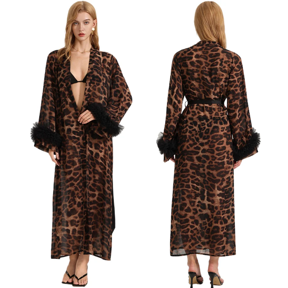 New Sexy Thin Cardigan Sleepwear for Women Summer Autumn Long Sleeved Leopard Print Morning Gown Pearl Gauze Home Wear Nightgown