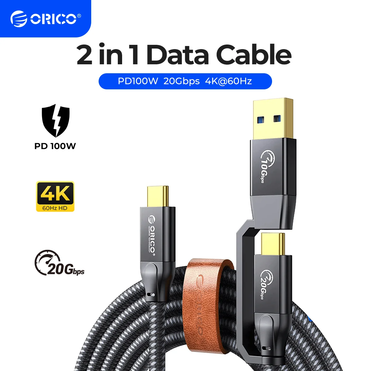 ORICO 5m 20Gbps USB C Cable PD100W Fast Charger Cord USB3.2 Gen 2 HD 4K@60Hz Video Braided with E-mark for Laptop MacBook