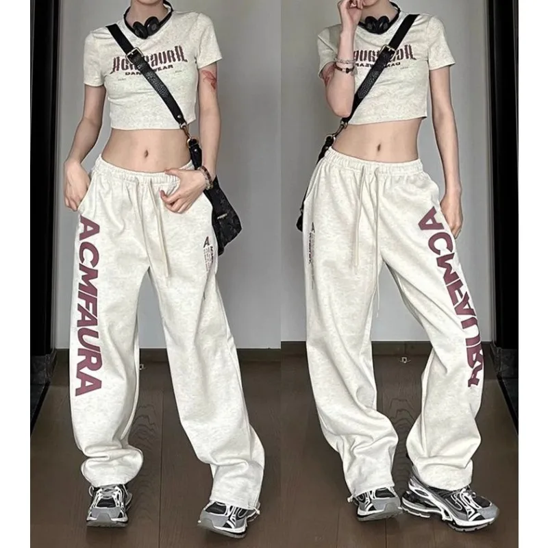 Korean Retro Women's Hip-hop Street Dance Pants Summer White Gray Loose Casual Wide Leg Pants Y2k Joggers Sweatpants Women