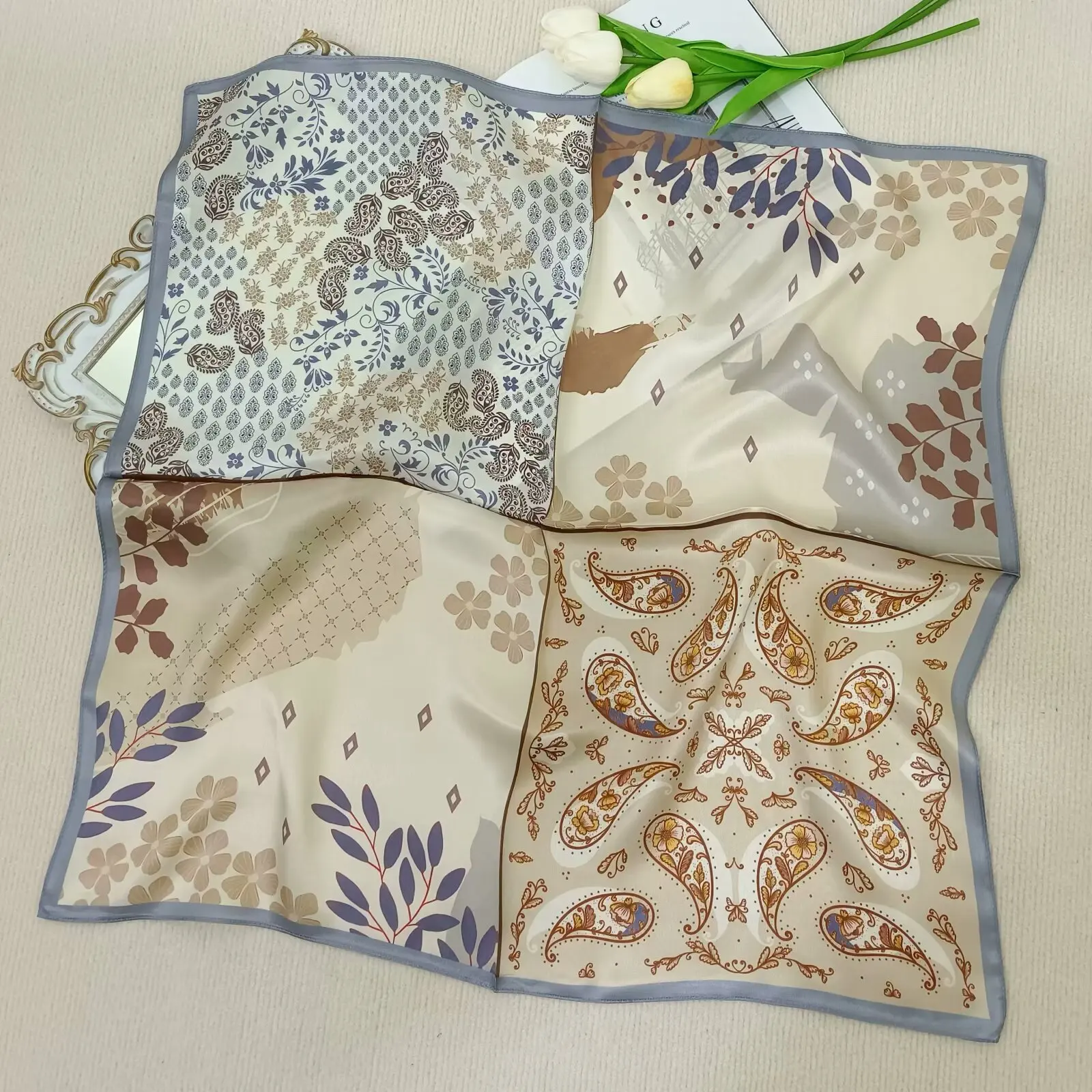 100% Mulberry Silk Forged Face Women's 70CM Square Scarf, Fashionable Floral Print Bandana Scarf, Headscarf, Shawl, Bag Strap