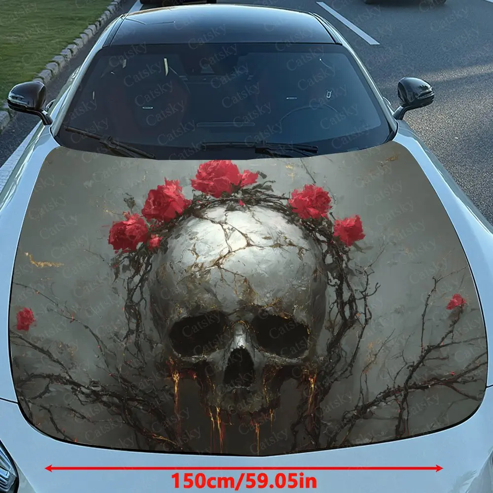Red Flower And Skull Car Hood Sticker, Premium Vinyl Sticker For Automotive Exterior Customization, Durable PVC Vinyl Wrap