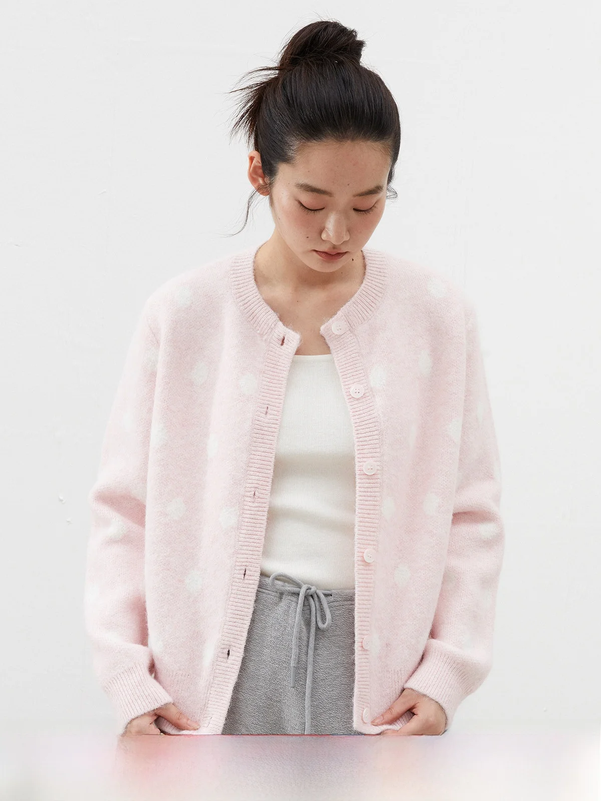 

Retro Classic Alpaca Wool Polka Dot Open Cardigan Sweater Women's Autumn Winter round Ne Drop oulder Knitted Outerwear