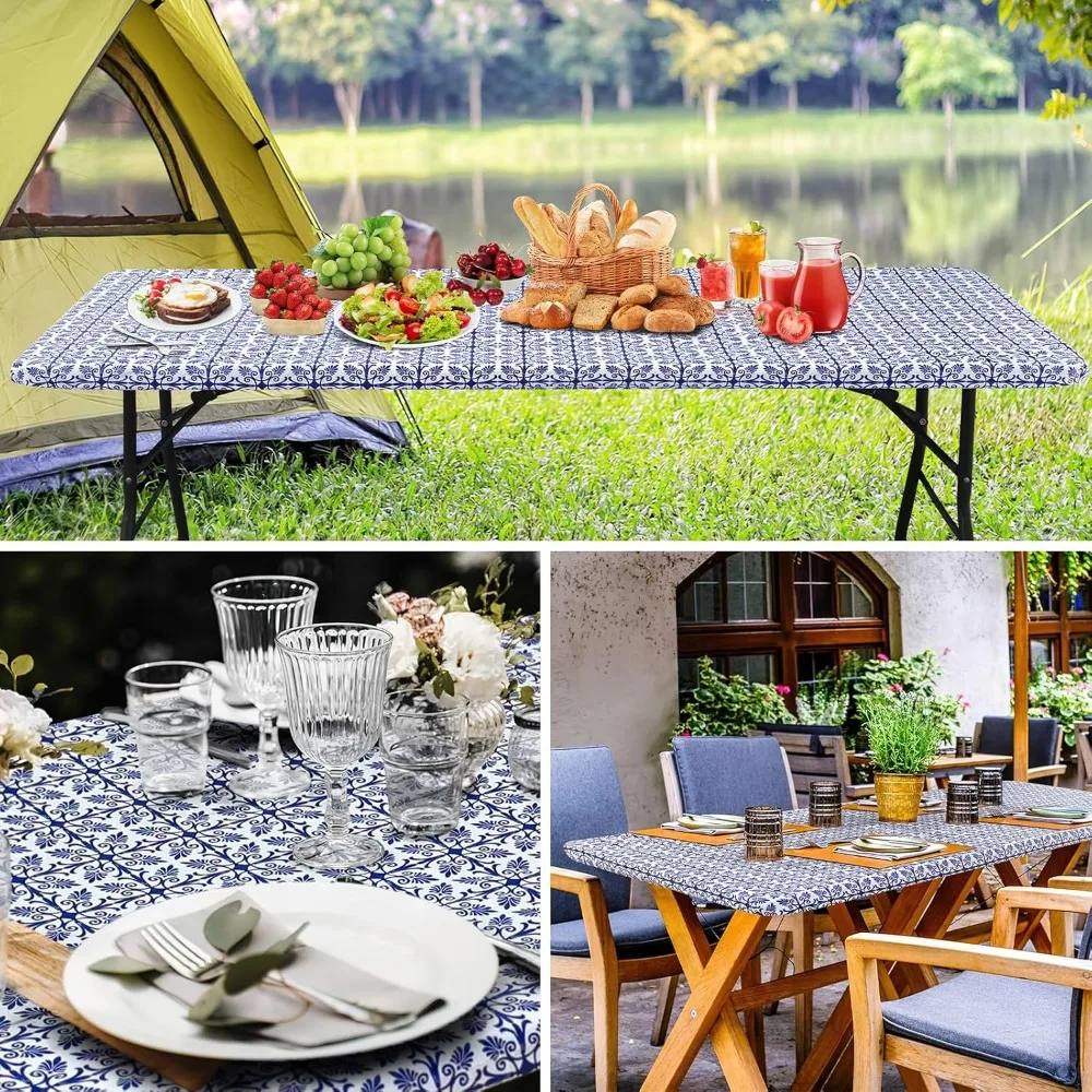 Rectangular Baroque Print Elastic Fitted Tablecloth Waterproof Scratch Proof Elastic Table Sheet Non-slip Washable