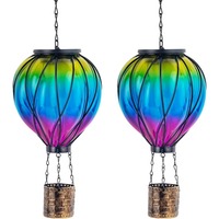 Vintage Solar Garden Lamp LED Flame Effect Hot Air Balloon Outdoor Decor Metal Glass Flickering Lawn Light Waterproof