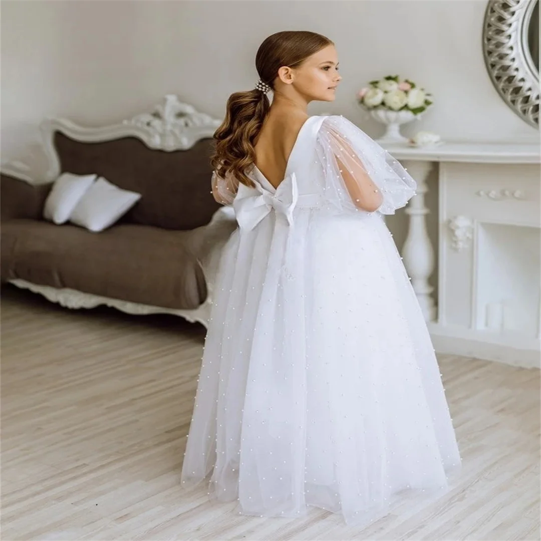 

Tulle Bow Pearl flower girl dresses Tutu Tulle Satin Junior bridesmaid Baby pageant dress for girls ball gown party and wedding
