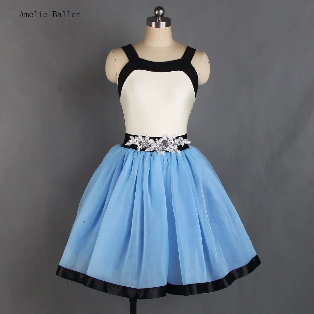 

21059 Cream Spandex Bodice Attached Layers of Sky Blue Tulle Tutu Skirt with Black Ribbon Trim Edging Girls Women Ballet Costume