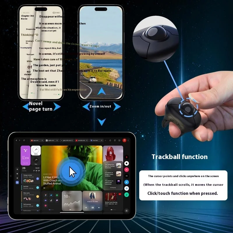 Mysz bezprzewodowa z trackballiem, pierścień kontrolny, tryb podwójny 2.4G Bluetooth, do krótkich filmów, przewracanie stron e-booków, mysz powietrzna do tabletu iOS, smartwatcha, samochodu, prezentacji PPT