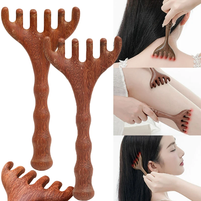 Body Meridian Massage Comb Five Claw Double-end Antler Naturally Reddish Brown Anti-static Sandalwood Massage Tool for Head Neck