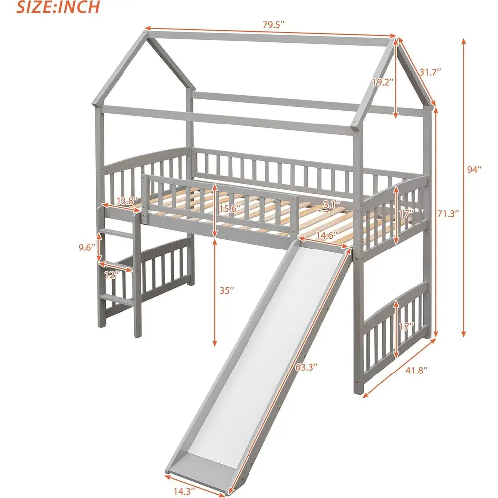 Twin Size Kids' Bed with Slide, Ladder, and Guardrail in Gray