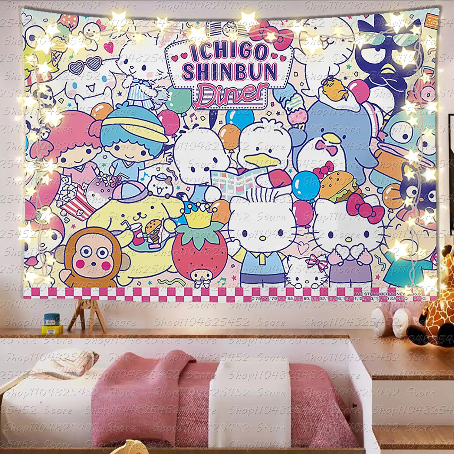 Entzückende Sanrio Family Pink Heart Wandteppich, Kawaii Anime Wandbehang Dekoration, Mädchenherz bedruckter Wandteppich, super süße Dekoration