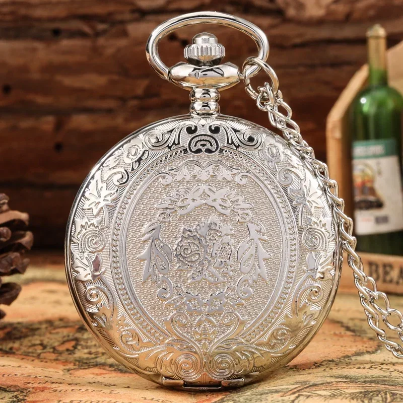 Vintage Engraved Flower Shield Pattern Retro Quartz Pocket Watch for Men Women Necklace Chain Reloj De Bolsillo Gift