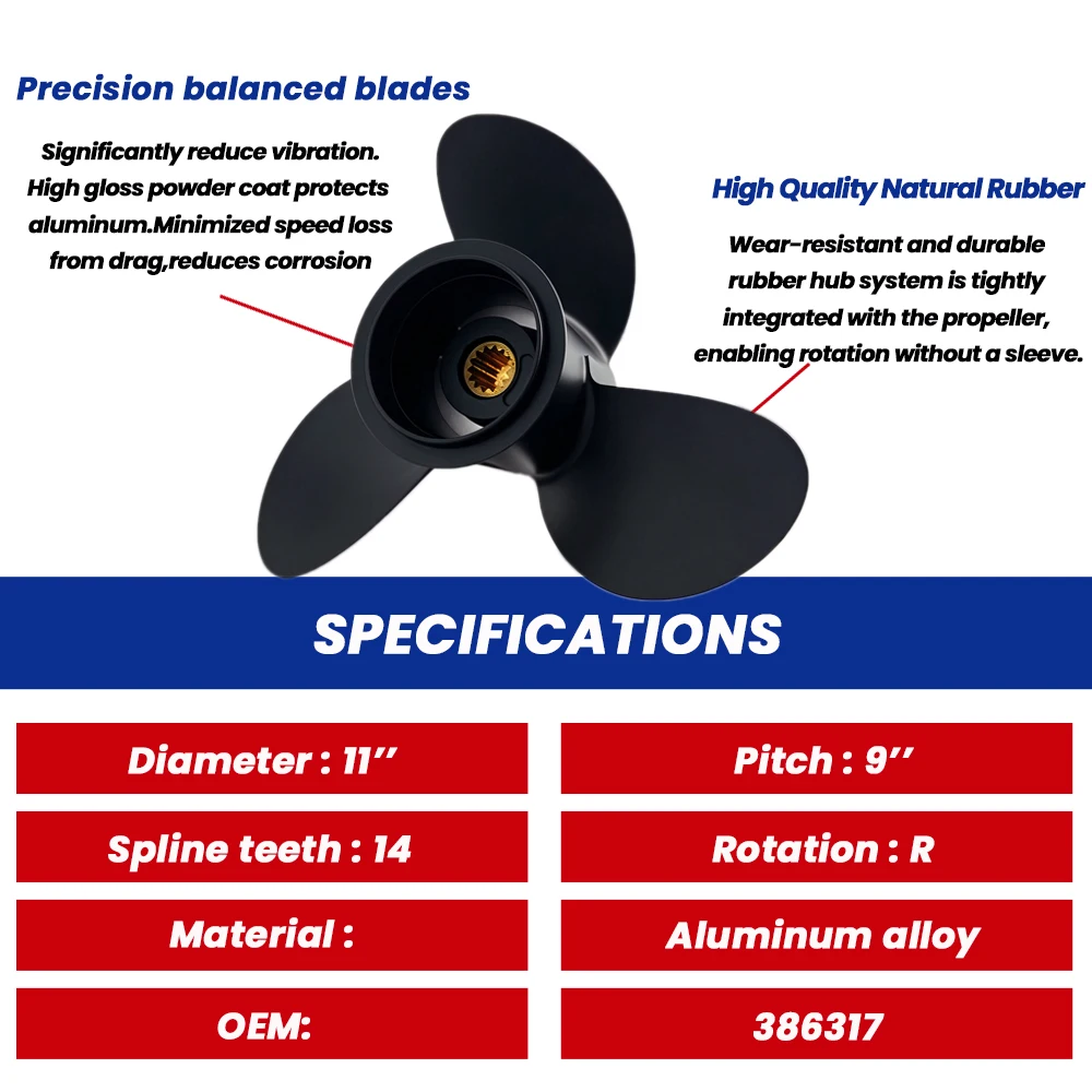 For Johnson Outboard Propeller Fit 15 20 25 30 35HP 11*9 Aluminum Alloy Screw 3 Blade 14 Spline Replace Part 386317
