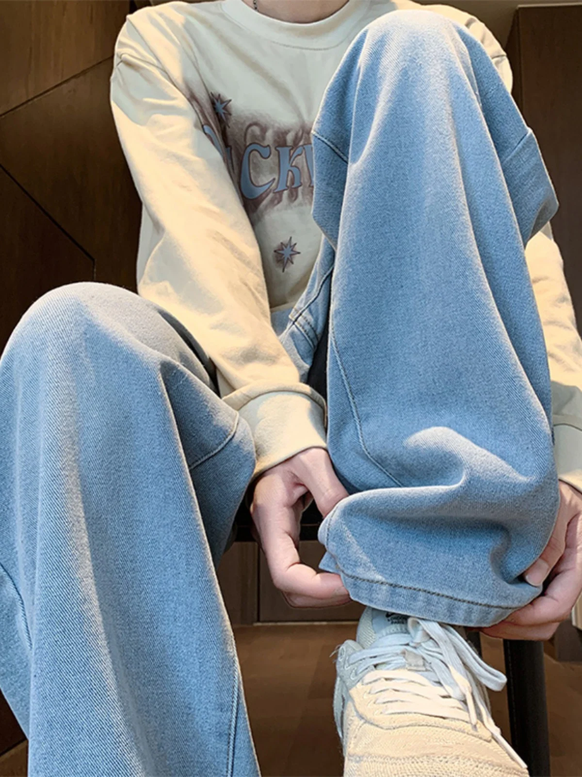 

Light Blue American Sle Men's Jeans Casual Loose Wide Leg Pants Spring Autumn Sli Haome Retro Leisure Trousers