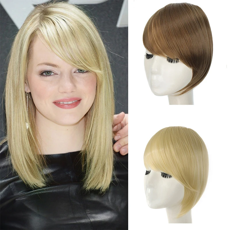 Wig with slanted bangs and extended length one piece two card synthetic wig with bangs