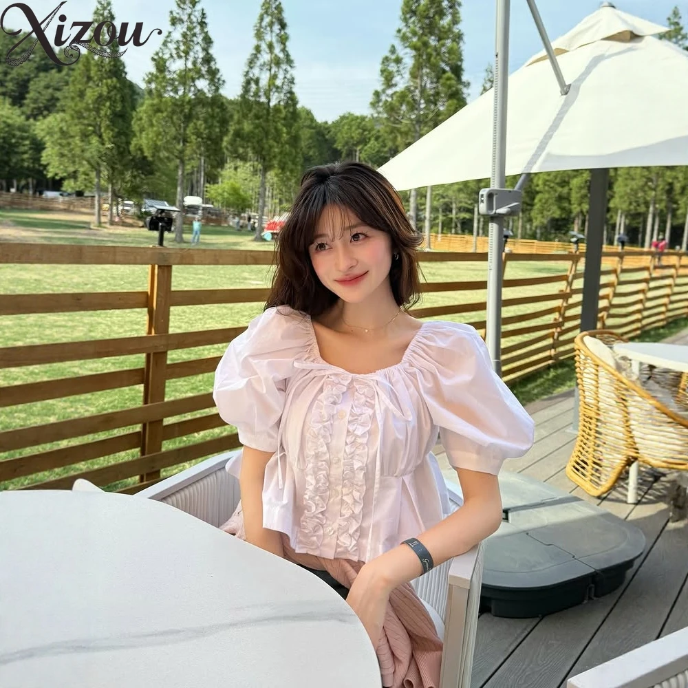 

Japanese Style Ruffled Elegant Shirt Summer Retro Sweet Square Neck Blouses Puff Sleeve Short Shirts Pleated Women's Top