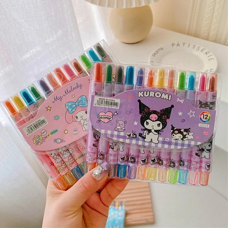 12Pcs Sanrio Graffiti Pen Kuromi My Melody Cinnamonroll Rotate Scalable Color Crayon Cartoon Doodle Pen Drawing Kid Marker Pens