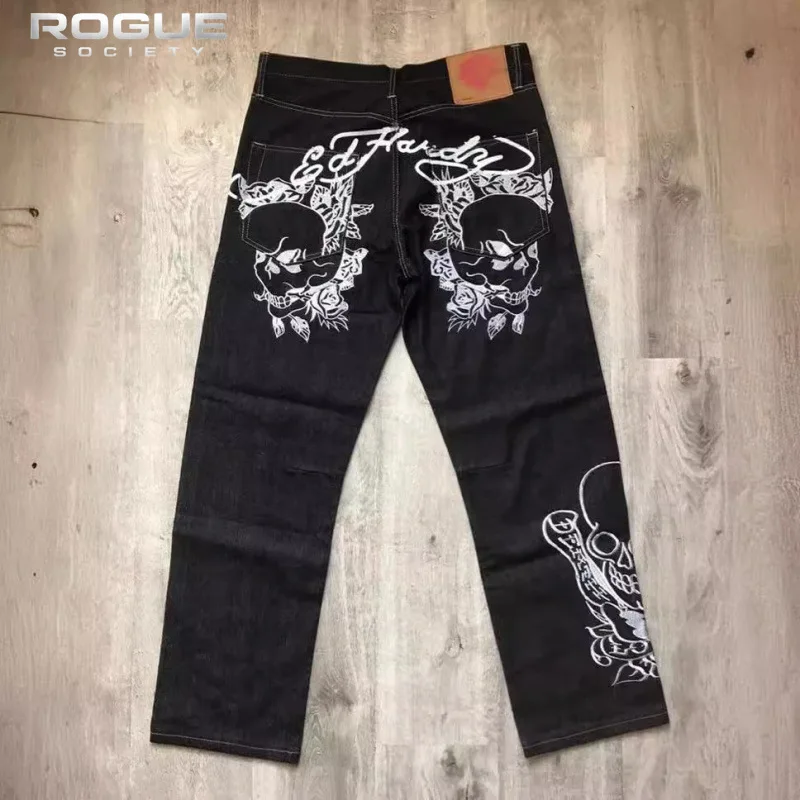 New Y2K Gothic Skull Embroidery Jeans Men High Street HipHop Punk Harajuku Loose Denim Pants Streetwear Straight Trousers Unisex