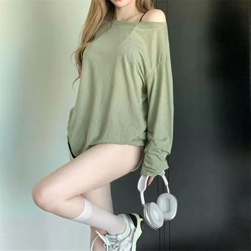 

Korean White Off Shoulder Top Long Sleeve T-Shirt Women Spring Summer Perspective Thin Loose Versatile Tee Shirt