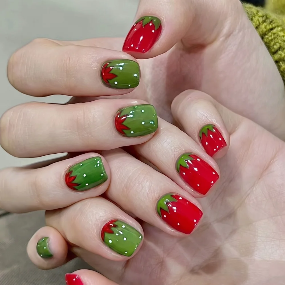 Hassleless 2Pcs Dual-Color Nail Polish Gel Set Strawberry Red + Olive Green, Vibrant Solid Color Gel, Fresh Fruit-Themed Shades, Can Be Used for Strawberry Hand-Painted Nail Art Creations, Creating Lively and Dynamic F