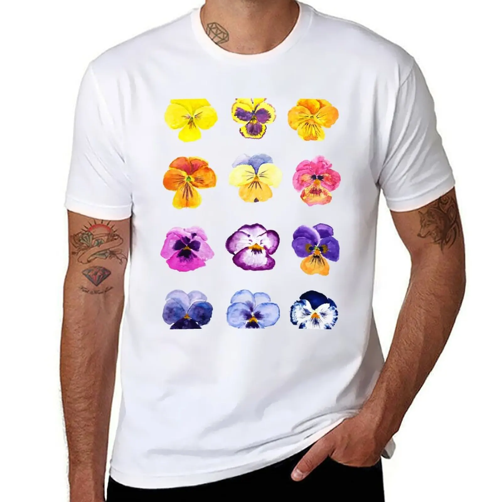 

hand painted Colorful pansies collection watercolor painting T-Shirt man t shirt heavy cotton T-Shirt