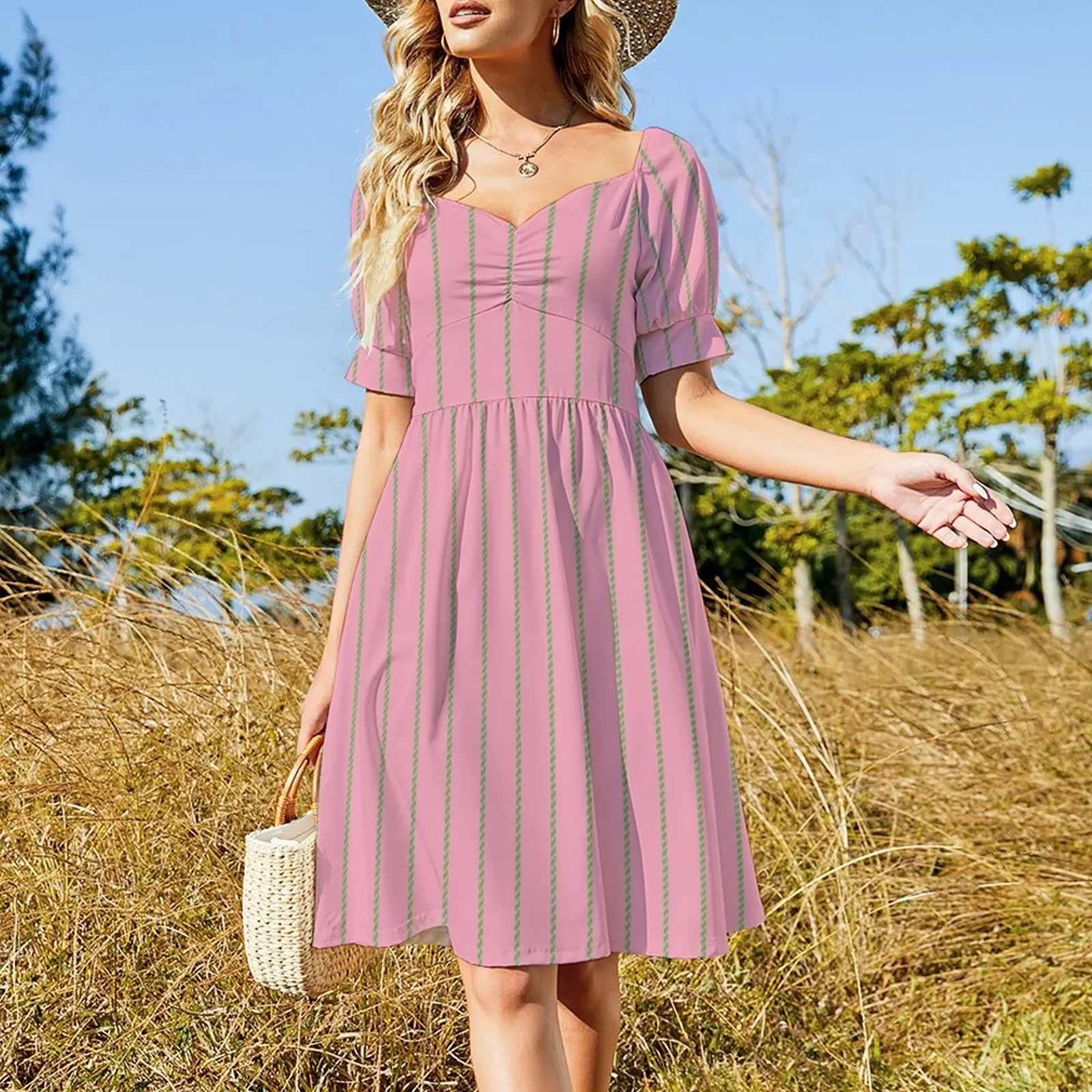 Pink and Green Chalk aka Pinstripe Pattern Short-Sleeved Dress sexy dress fairy dress evening dresses women