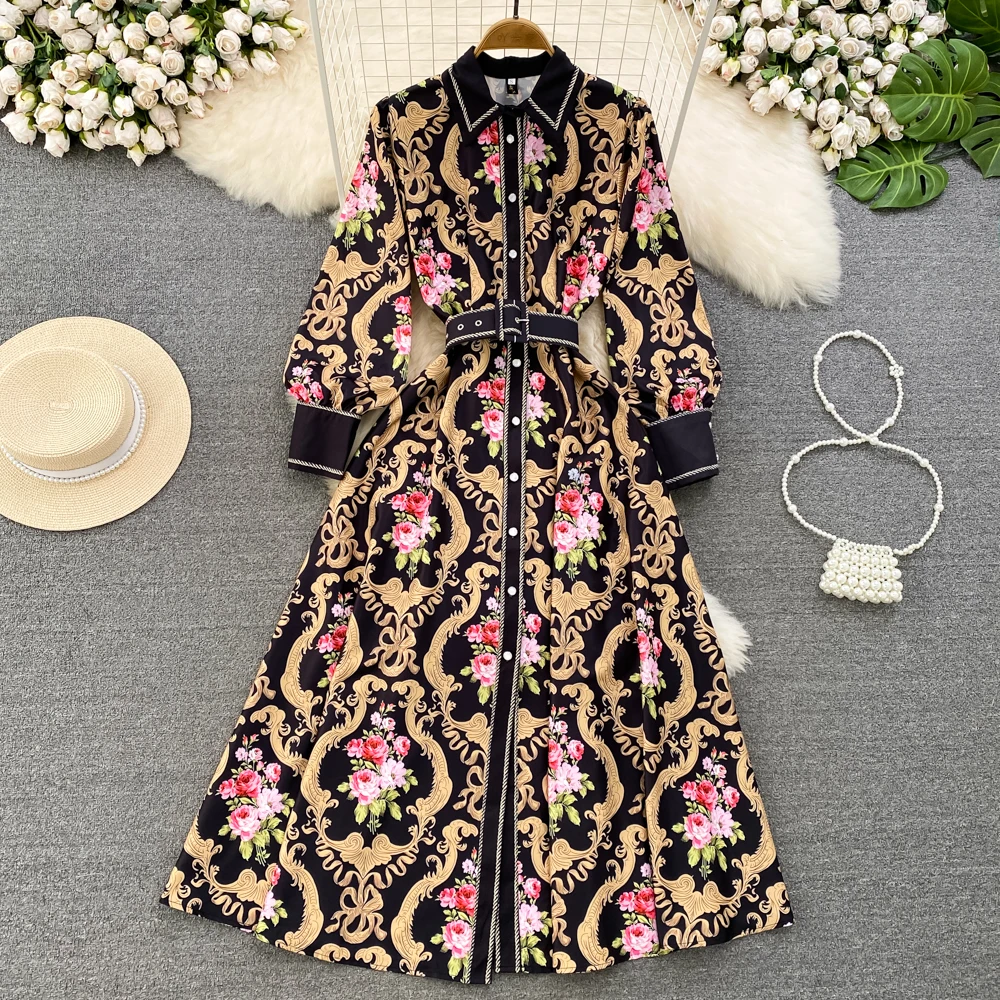 

Banulin Vintage Midi Dress Spring Autumn New Fashion Design Women Runway High Street Black Flowers Print Belt Elegant Dress