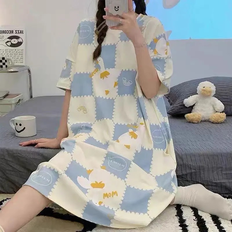 

HLHYX Plus Size Summer Nightgown Casual Printed Sleep Dress Comfortable Breathable Long Skirt for Women Milk Silk Polyester