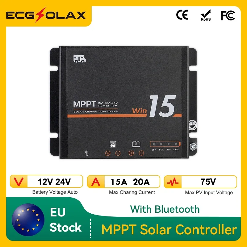 ECG MPPT 15A 20A Solar Charge Controller with Bluetooth Solar Panel Regulator 12V 24V For Liquid, Gel, AGM and Lithium Battery