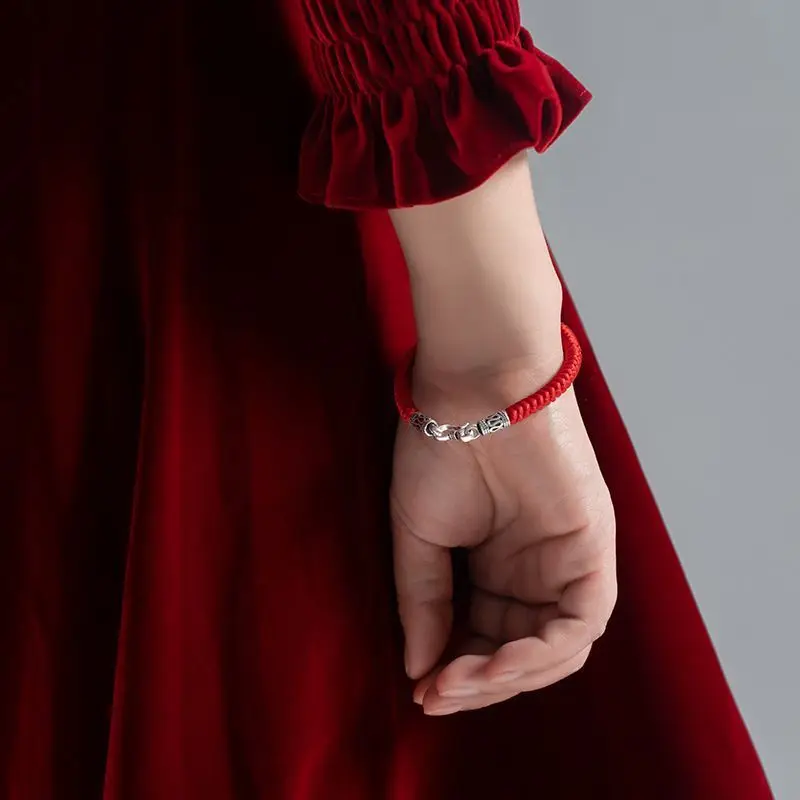 Handmade Braided Red String 925 Silver Tibetan Vajra Knot Bracelet Men Women Lucky Blessing Fortune Ethnic Year Wrist Jewelry
