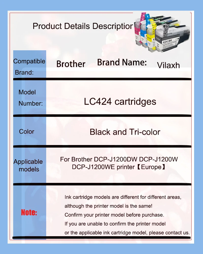 Vilaxh Standard capacity LC424 LC-424 Compatible Ink cartridge For Brother DCP-J1200DW DCP-J1200W DCP-J1200WE printer【Europe】