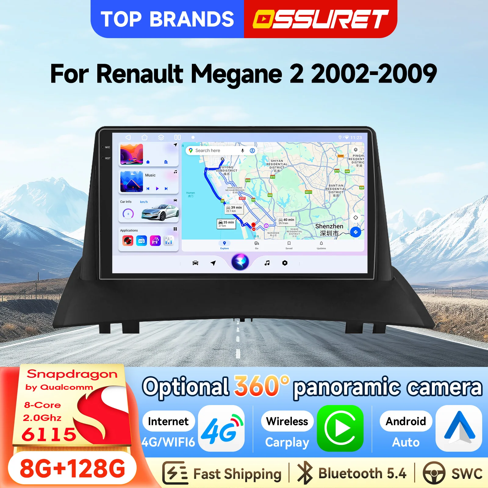 OSSURET Expédition Rapide Autoradio Android 14 2 Din 9 Pouces pour Renault Megane 2 2002-2009 par Qualcomm Snapdragon 6115 Octa Core Navigation GPS Bluetooth Mains Libres SWC Carplay Sans Fil Android Auto Écran Tactile Intelligent Lecteur Multimédia Automobile 4G DSP Audio