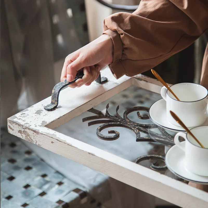 Creative Wooden Decorative Table Center Tray Tempering Glass Metal Home Accessory