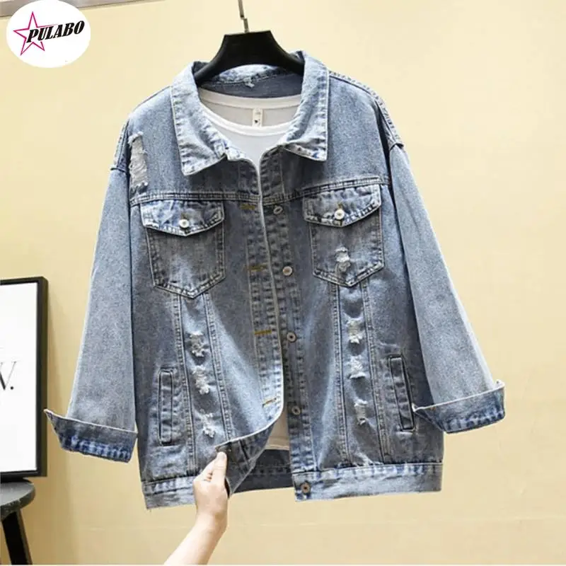 

PULABO BF Autumn Harajuku Printed Frayed Beading Denim Jacket Loose Casual Jeans Jacket Women Coats Outwear Female Jackets