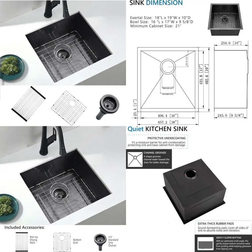 

Black 18 Inch Undermount Bar Sink Stainless Steel Kitchen Wet Bar Prep Sink with 19 Inch Width