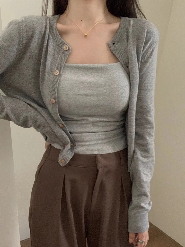Autumn Long Sleeve Women Elegant Cardigan Sweater Slim Fit Solid Color O-neck Knitted Top Fashion Short Coat