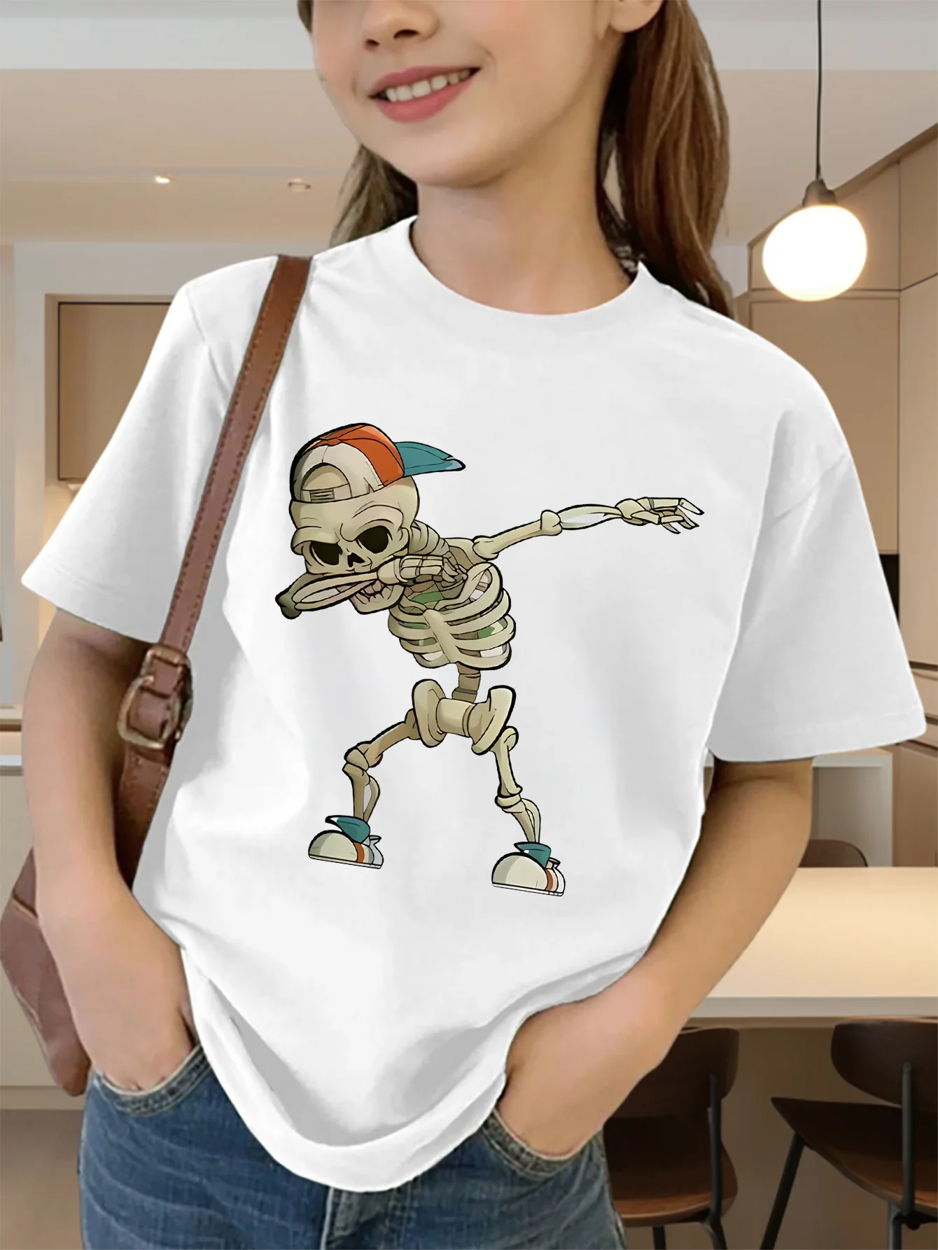 Cute Dabbing Skeleton With Cap Graphic Kids Tee Boys Girls Family Matching Cotton Crew Neck Short Sleeve Soft Summer Tee