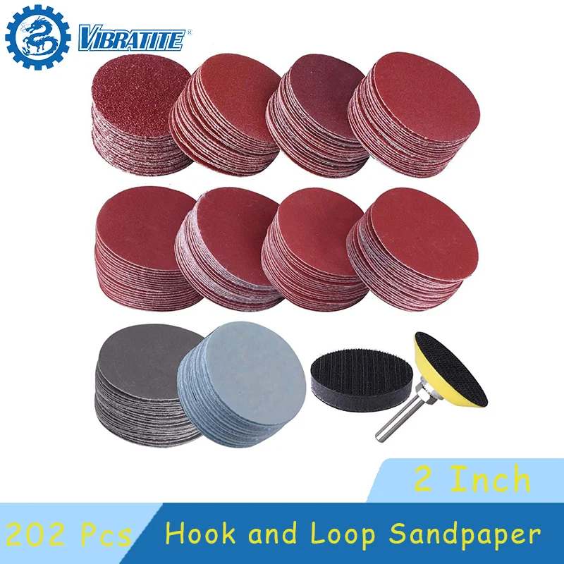 2-дюймовая наждачная бумага на липучке, 202 шт. с влажной и сухой шлифовальной бумагой, подложка в ассортименте, зернистость 80-3000 для полировки дерева, автомобиля