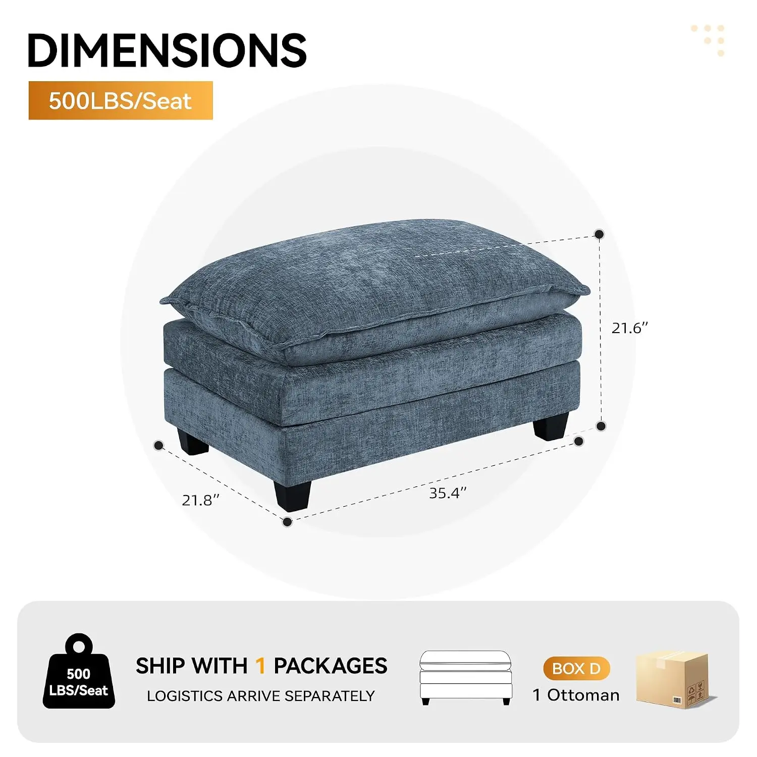 35'' Chenille Cloud Ottoman,Rectangle Modular Sectional Footrest, Blue, Customized