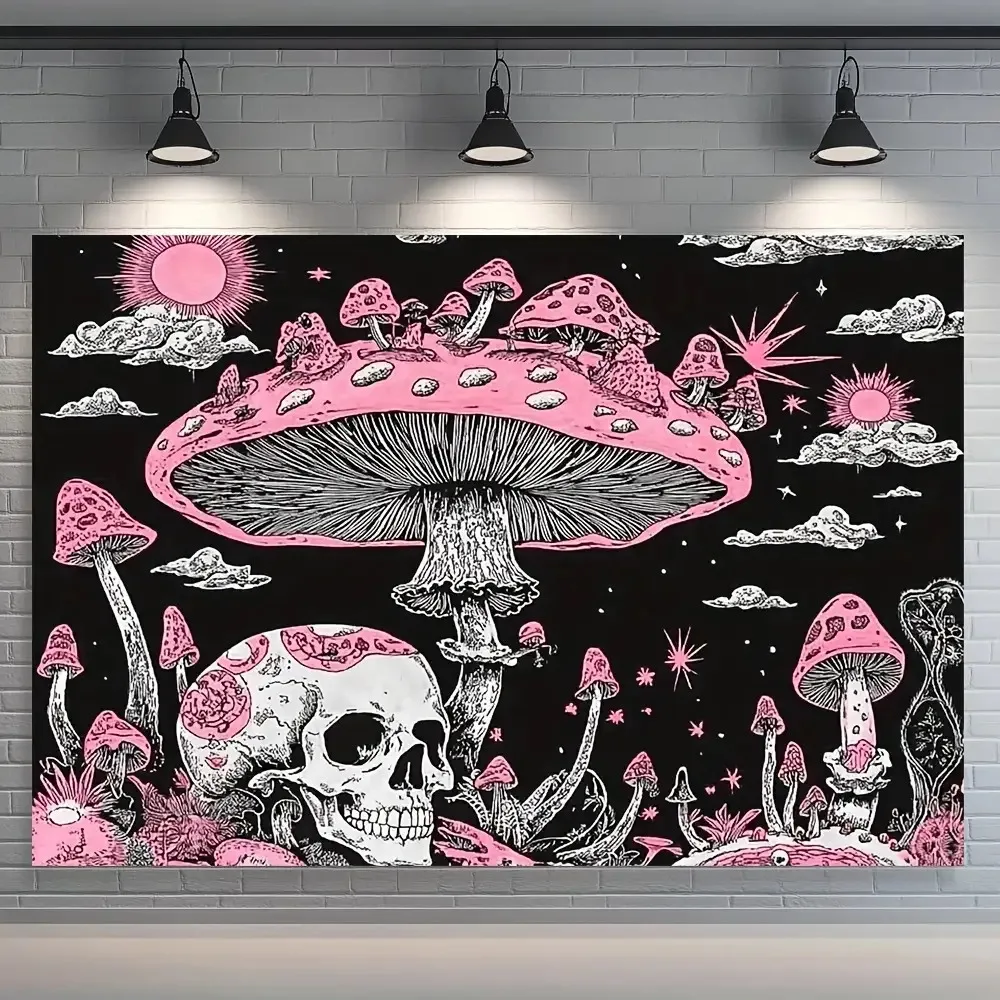 VIKAMA Gothic Skull Tapestry Pink Fly Agaric Mushroom Cloud Sun Wall Hanging for Bedroom Living Room Dorm Witchcraft Room Decor